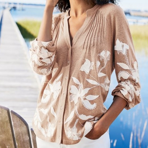 Soft Surroundings Alva Embroidered Knit Top Boho Balloon Sleeve Button Front L - Picture 1 of 13